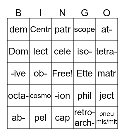 Vocabulary Bingo Card