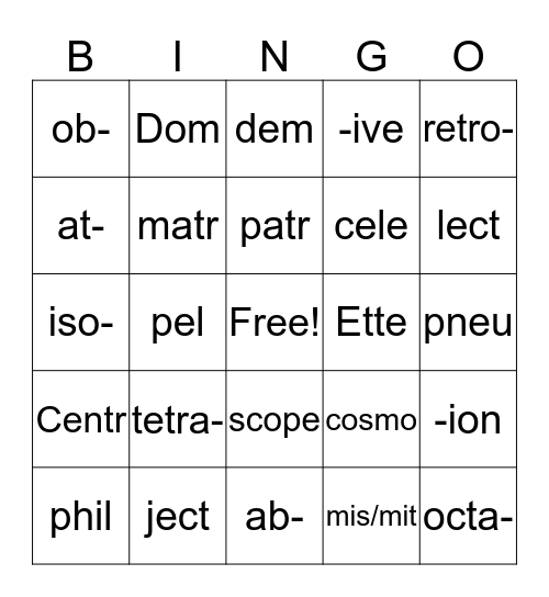 Vocabulary Bingo Card