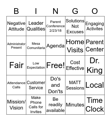 Parental Engagement  Bingo Card