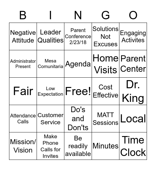 Parental Engagement  Bingo Card