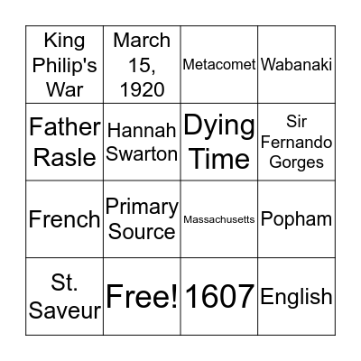 Colonial Maine Bingo Card