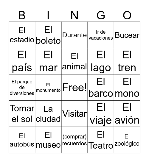 Vacation Vocabulary Bingo Card