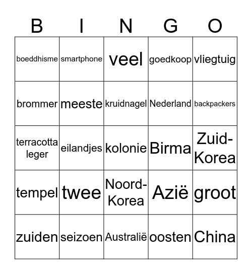De Zuidoost-Azië Bingoquiz! Bingo Card