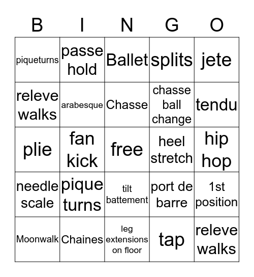 Dance Bingo Card