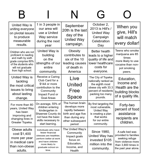 United Way Bingo  Bingo Card