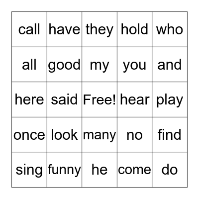 Word Bingo Card