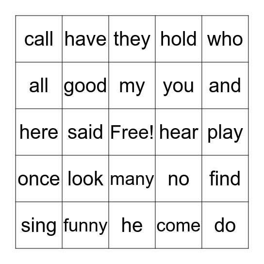 Word Bingo Card