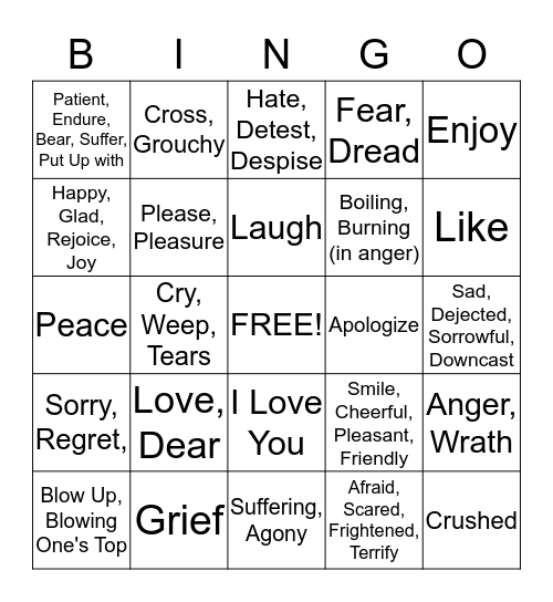 ASL EMOTION AND FEELING BINGO Card