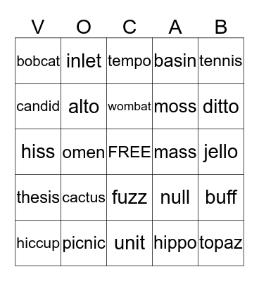 Fifth Grade Bingo Card