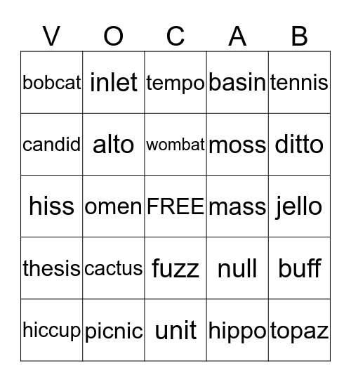 Fifth Grade Bingo Card