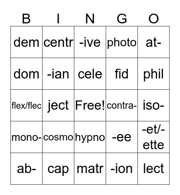 Vocabulary  Bingo Card