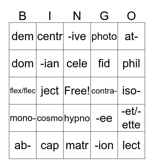 Vocabulary  Bingo Card