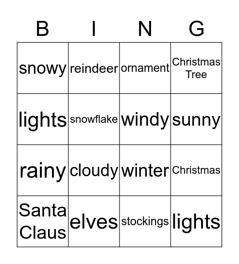 Chirstmas and Weather Words Bingo Card