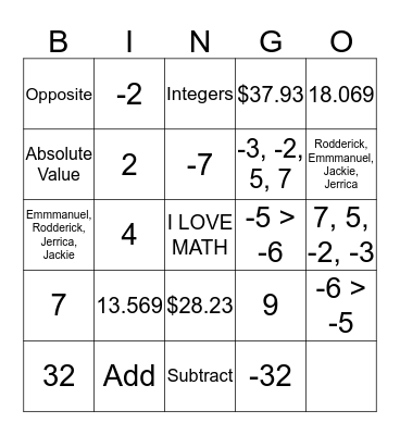 Absolute Value, Integer & Additive Inverse Bingo Card