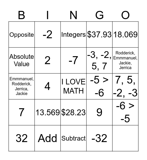 Absolute Value, Integer & Additive Inverse Bingo Card