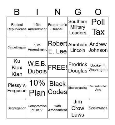 Reconstruction Bingo Card