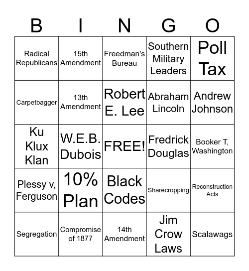Reconstruction Bingo Card