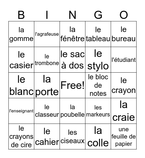 La Salle de Classe Bingo Card