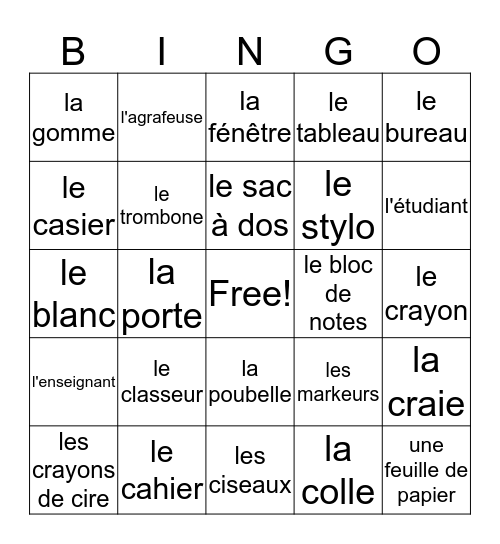 La Salle de Classe Bingo Card