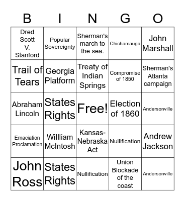 Indian removal/ Civil War Bingo Card