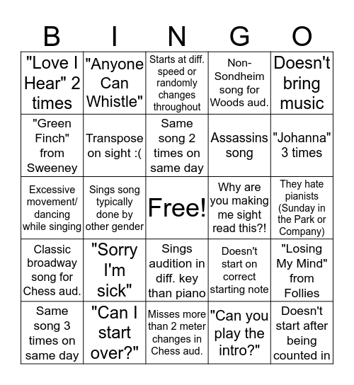 Audition Bingo - Night 2! Bingo Card