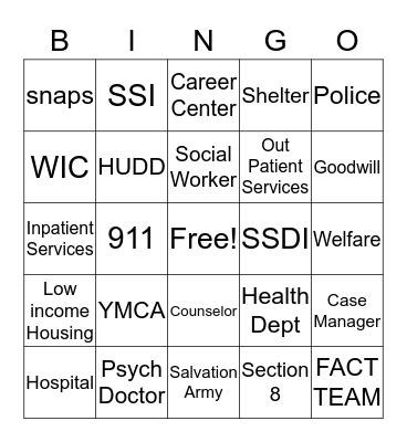 Community Resource Bingo Card