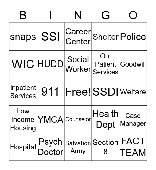 Community Resource Bingo Card