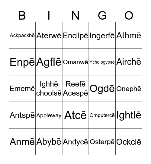 Pig Latin Bingo Card