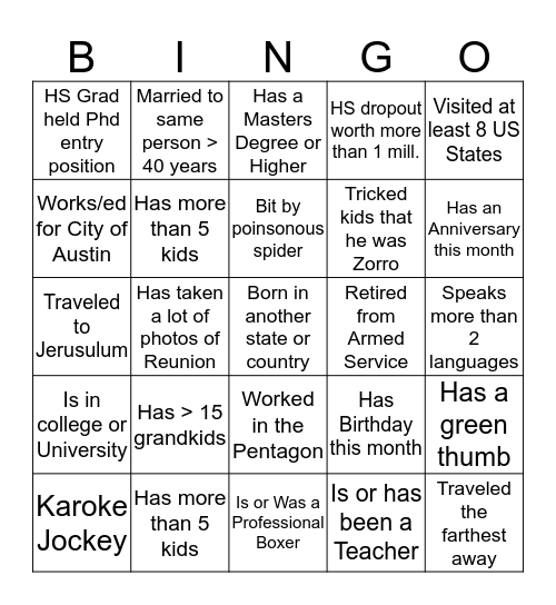 Family Bingo Card