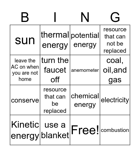 Energy Bingo Card
