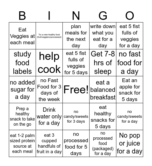 Healthy Habits Bingo Card