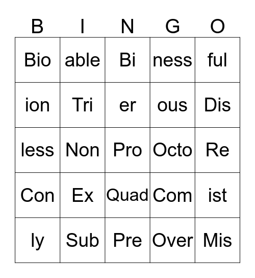 Prefix/Suffix Bingo Card