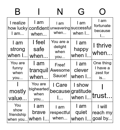 Positive Word Bingo Card