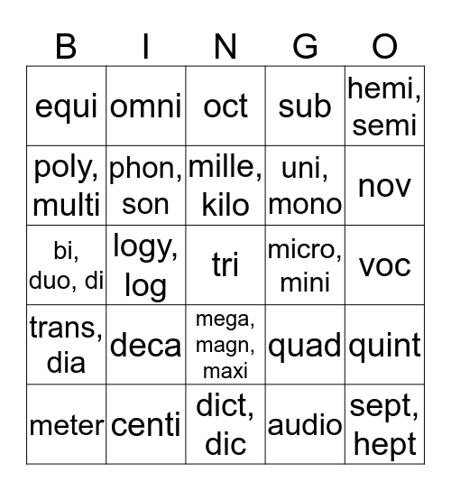 Word Part BIngo Card