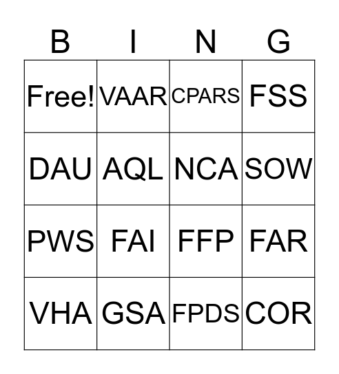 ACQUISITION ACRONYM BING Bingo Card