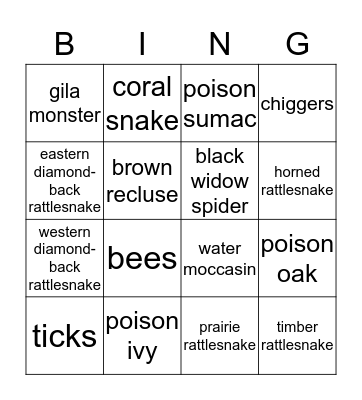 Poisonous Plants and Dangerous Animals Bingo Card
