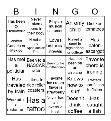 Getting to Know You BINGO Card