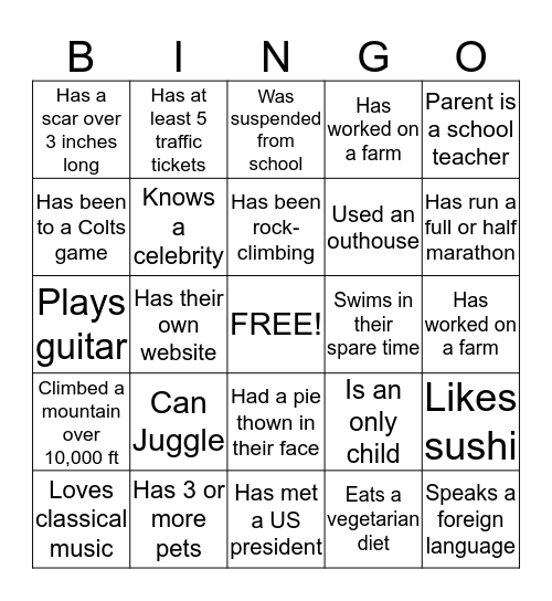 Group Life Bingo Card