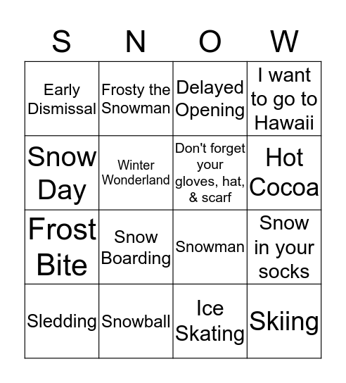 Snowman BINGO Card