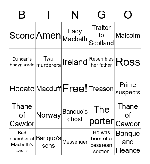 Macbeth Bingo Card