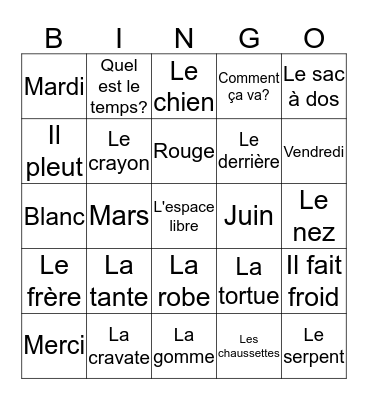 Le français Bingo Card