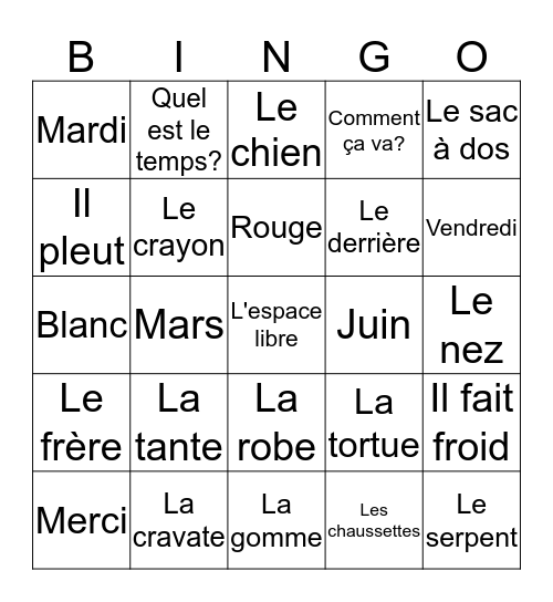 Le français Bingo Card