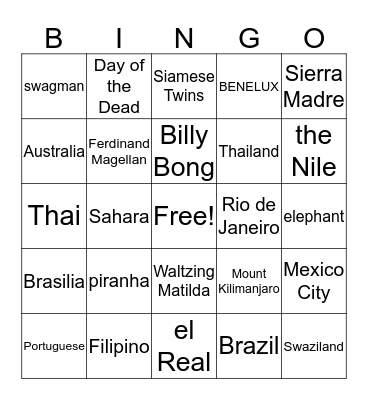 Cultures Class - Bingo Card