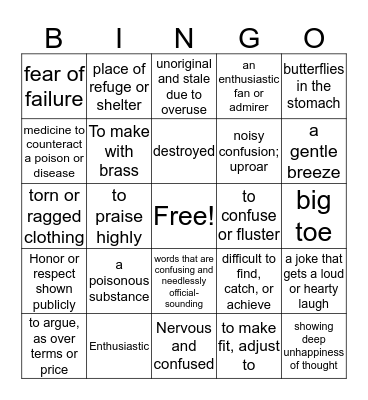 Vocabulary Bingo Card