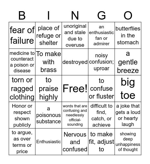 Vocabulary Bingo Card