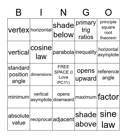 PC11 Vocabulary Review Bingo Card