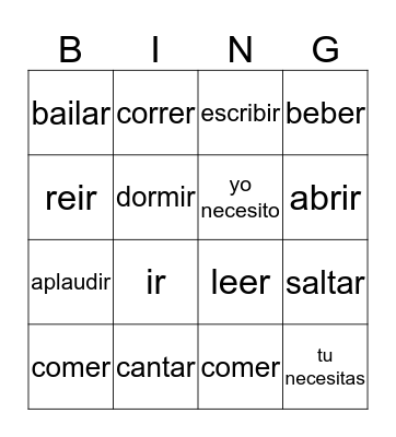 Vengan Ya and other verbs Bingo Card