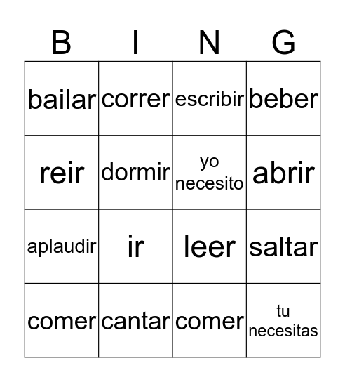 Vengan Ya and other verbs Bingo Card