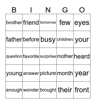 Sight Words Unit 6 Bingo Card