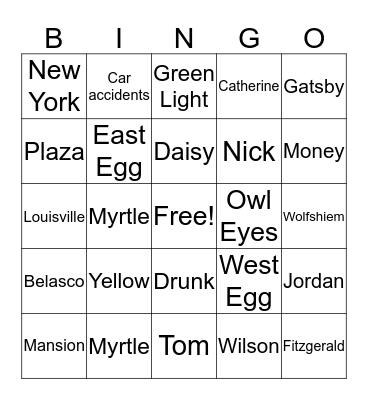 The Great Gatsby Bingo Card